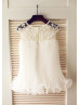 Sheer Beaded Neck Ivory Pleated Organza Curly Hem Flower Girl Dress